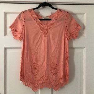 Miss Kelly Peach Crochet V-Neck Boho Top S